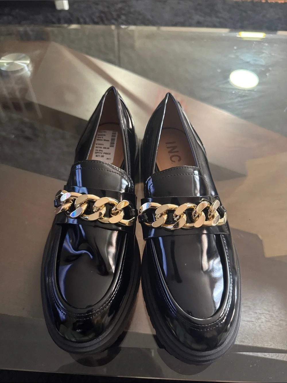 INC International Concepts Black Patent Loafers with Gold Chain